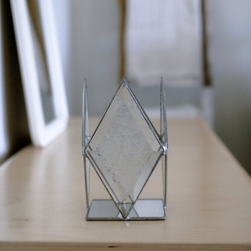 Vintage Clear Beveled Stained Glass Candle Holder/7"